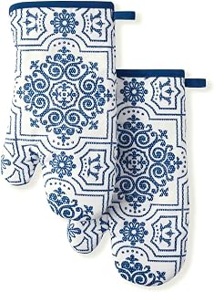 Martha Stewart Strie Medallion Oven Mitt 2-Pack Set, Navy Blue, 7"x13"