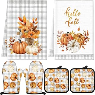 Bencailor 6 Pcs Fall Kitchen Towels Pot Holders and Oven Mitts Set | Pumpkin Oven Mitts, Harvest Pot Holders, Fall Grey Plaid Dish Towels, for Autumn Thanksgiving Kitchen Cooking Supplies