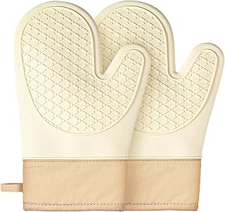Silicone Oven Mitts (2 PCS), Waterproof Non Slip Grip Oven Gloves with Thick Soft Cotton Lining, Universal Fit Heat Resistant Kitchen Gloves for Baking, BBQ, Cooking and Grilling - White