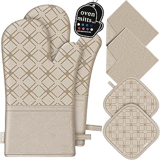 Oven Mitts and Pot Holders Set with Dishcloths, 500 Degree Heat Resistant Oven Gloves and Hot Pads, Premium Soft Cotton Kitchen Mittens and Dish Cloth Sets-Beige