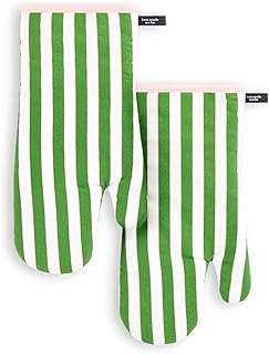 kate spade new york Botanical Stripe Oven Mitt 2-Pack Set, 7" x 13", Green/Pink