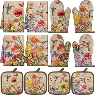 SiliFine 12 Pcs Summer Hummingbird Kitchen Accessories Set | Vintage 4 Kitchen Towels 4 Pot Holders 4 Oven Mitts Set, Hummingbird Floral Kitchen Decorations for Holiday Baking Gift