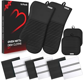 Oven Mitts and Pot Holder Sets with Silicone Grip, 500&deg;F Heat Resistant-6 Pack Dishcloth/Dish Towels for Kitchen 100% Cotton-Value Kitchen Essentials for Cooking, Baking, Grilling-Black