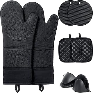 8PCS Oven Mitts and Pot Holders Sets - 480&deg;F Heat Resistant Pot Holders and Oven Mitts, 14.5" Extra Long Silicone Oven Mitts for Cooking, Non-Slip Oven Mitt with Soft Cotton Lining, Black