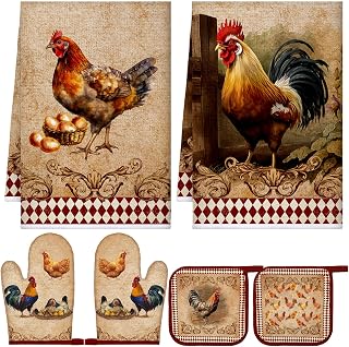 Leinuosen 6 Farm Rooster Farmhouse Kitchen Decor Dish Towels Oven Mitts and Pot Holders Sets Chicken Kitchen Towels Absorbent Decorative Accessories for Cooking Baking Grilling
