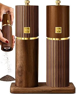 Styled Settings Wooden Salt and Pepper Grinder Set, Dark Wood | Dark Wood, Refillable Manual Salt and Pepper Mills, Gold Detailing, and Wood Stand