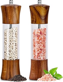XWXO Acacia Wood Premium Acrylic Salt and Pepper Grinder Set 8 Inches | Salt and Pepper Mill Set, Manual Mills- Wooden Shakers with Adjustable Ceramic Core 2 Pack for Kitchen Home Gift