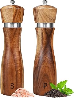 Haomacro 2 Pack Acacia Wood Salt and Pepper Grinder Set Kitchen Home 8 Inch | Wooden Salt and Pepper Mill Set Salt and Pepper Shaker Tableware Birthday Gifts Ceramic Core