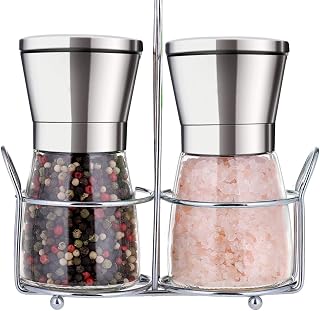 Premium Salt and Pepper Grinder Set with Stand Stainless Steel Manual Spice Adjustable Coarseness with Five Grinding Level Pepper Mill Grinders Shakers Set with Silicone Funnel (Pack of 2)