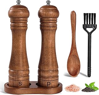 DEBETOOL Wooden Salt and Pepper Grinder Set with Stand, 8-inch Oak Mill | Adjustable Ceramic Core, 2 Pepper Mills with Wooden Spoon & Cleaning Brush, Kitchen Essential Cooking Tool