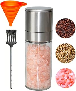 Pepper Grinder Salt Grinder, 5 inch Stainless Steel Pepper Mill w/Adjustable Coarseness, Refillable Salt with Funnel, Cleaning Brush, Manual Pepper Grinder for Black Peppercorns