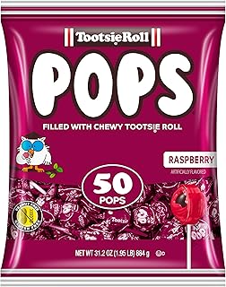 Tootsie Pops Raspberry Flavored Lollipops, 50 Count, 1.95lb (Pack of 1) | Single Flavor Bag, Chocolatey Center, Individually Wrapped Hard Candy, Peanut Free, Kosher, Gluten Free