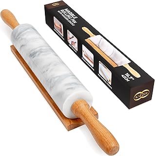 16.7 Inches Marble Rolling Pin for Baking with Wooden Handles & Wooden Cradle - Rolling Pin for making Pizza Dough & Tortillas, Dough Roller for Pasta, Cookie, Pie Crust and More!