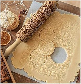 Embossed Rolling Pins Christmas Rolling Pin,3D Paisley Pattern Flower Snowflake Rattan Wooden Roll Pin Laser Engraved Rolling Pin DIY Tool for Kids and Adults to Make Cookie Dough (35 * 5)