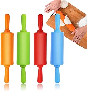 4 Pack Mini Rolling Pin for Kids, 9 Inch Plastic Handle Rolling Pin | Non-Stick Silicone Rolling Pins for Kids Baking, Cookie Dough, Pizza, Fondant, Cake and Play Dough Crafts