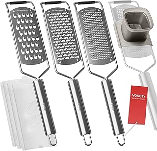 VOVOLY Zester Grater Set, 4 Pack-Fine/Coarse/Extra Coarse/Slider Attachment | Cheese Grater for Ginger, Garlic, Nutmeg, Chocolate, Vegetables, Fruits with Razor-Sharp Stainless Steel Blade