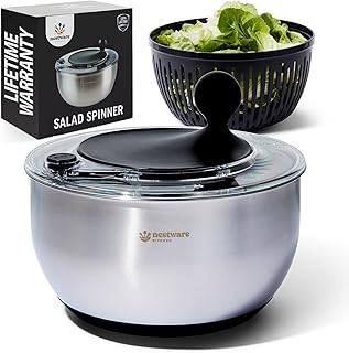 Stainless Steel Salad Spinner Large, 5.3 Qt - Lettuce, Vegetable & Fruit Washer & Dryer with Quick-Stop Brake Button, Colander Basket & Non-Slip Base (304 Stainless Steel - Black)