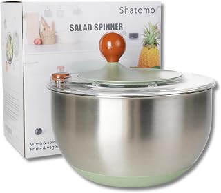 Stainless Steel Salad Spinner, 5.3 Qt Lettuce Spinner with Non-Slip Base, Drain and Stop Button, Fruit and Vegetable Washer and Dryer Spinner, Green