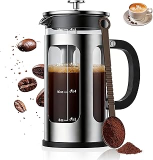 French Press Coffee Maker 34oz, Heat Resistant Thickened Glass Stainless Steel Brewer, Easy to Clean, 4-Level Filtration, Cold Brew Cafe/Tea Pot for Kitchen Camping Travel, Gifts, Bar