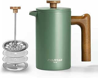 POLIVIAR French Press Coffee Maker, 21oz, Green | Real Wood Handle Coffee Press, Double Wall Insulation, Dual-Filter Screen, Food Grade Stainless Steel, For Coffee and Tea