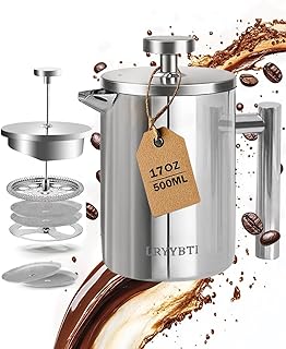 French Press Coffee Maker, Stainless Steel, Silver, 17 OZ | with scale lines，2 Extra Filters