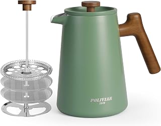 POLIVIAR French Press Coffee Maker, 34 oz | Real Wood Handle, Double Wall Insulation, Dual-Filter Screen, Food Grade Stainless Steel, For Coffee and Tea, Green