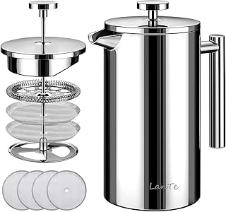 LANTE French Press Coffee Maker, Double Insulated 304 Stainless Steel Coffee Tea Maker 4 Level Filtration System, No Coffee Grounds, Rust-Free, Dishwasher Safe, 1000ml