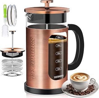 French Press Coffee Maker 34oz / 1 Quart 304 Stainless Steel Coffee Press,with 4 Filters System, Heat Resistant Thickness Borosilicate Glass, Brewed Coffee Pot (Copper)