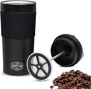 Black Portable French Press Travel Mug & Coffee Maker | Leak-resistant lid Double-wall vacuum insulation ideal for camping & travel