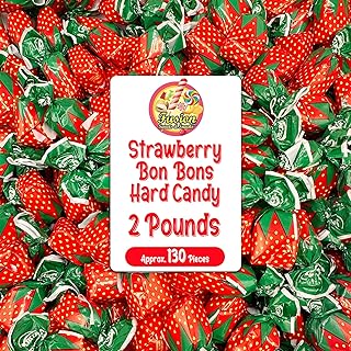 Strawberry Filled Hard Candy, Individually Wrapped, 2lb, Gluten-Free | Approx. 130 Pieces of Real Fruit Pulp Strawberry Candy with Sweet Flavor, Heat-Sealed Bag for Easy Serving and Storage