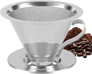 Mongdio Pour Over Coffee Maker, Stainless Steel Pour Over Coffee Filter | Double-mesh Design Dripper, Reusable Metal Coffee Filter with Handle, Pour Over Coffee Dripper for Home, 1-4 Cups