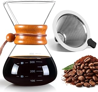 Pour Over Coffee Maker with Stainless Steel Filter Pour Over Coffee Dripper | Pour Over Coffee13.5 OZ, Drip Coffee Maker, High Heat Resistant Carafe, also for Camping, Hiking
