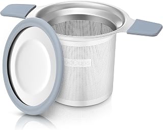 Stainless Steel Tea Infuser for Loose Leaf Tea &ndash; Extra Fine Mesh Strainer with Heat Proof Double Handles & Lid, Reusable Filter Fits Mugs, Cups & Teapots, Gray