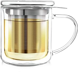Teabloom Personal Tea Maker - Insulated Heatproof Glass Cup with Loose Tea Infuser and Lid/Coaster &ndash; Tea Connoisseur's Choice &ndash; Borosilicate Glass Infusion Mug (8 Oz)
