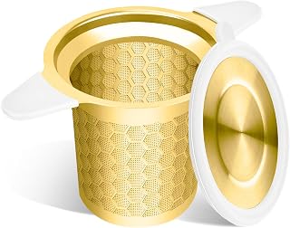 Tea Infuser for Loose Leaf Tea, 304 Stainless Steel Strainer Basket Gold | Fine Mesh Steeper, Heat Resistant, Silicone Handle, Lid Included, Large Capacity, Mug Filter, Fits Standard Cups