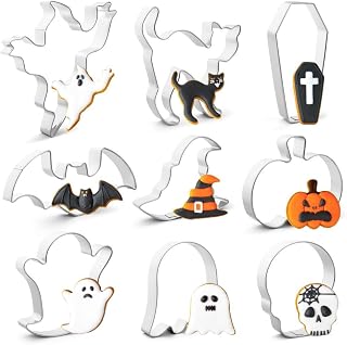 QtoiKce Halloween Cookie Cutters Set,9 Piece Stainless Steel Metal Halloween Cookie Cutters Shapes - Pumpkin, Ghosts, Bat, Black Cat, Witch's Hat, Skull, Coffin, 1, Silver