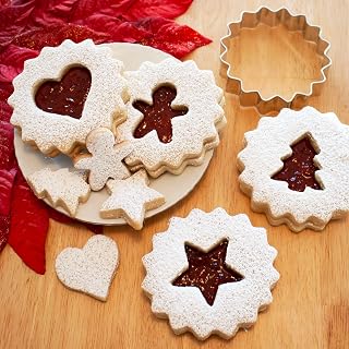 Ann Clark Large Linzer Cookie Cutter Set of 5, Made in USA | Includes: Large Fluted Circle, Mini Heart, Christmas Tree, Gingerbread Man & Star from America's Largest Cookie Cutter Maker