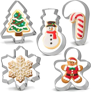 Christmas Cookie Cutters Large 4 Inch, 5 Pieces | Gingerbread Man, Christmas Tree, Snowflake, Snowman, Candy Cane Shapes, Stainless Steel, Great for Winter Holiday Baking