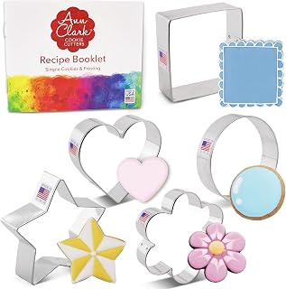 Ann Clark Basic Cookie Cutter Set of 5, Made in USA | Includes: Square, Heart, Circle, Star & Scalloped Flower, Perfect Size & Shape, From America's Largest Cookie Cutter Maker