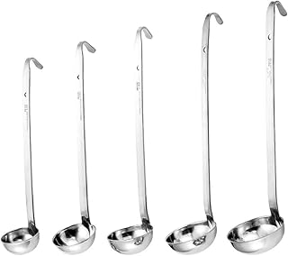 Stainless Steel Soup Ladle Set Long Handled Spoons with Pouring | Stainless Steel Material, 5 Pcs Hooked Handle Metal Ladles with Pouring Rim, 1oz 2oz 4oz 6oz 8oz Kitchen Cook