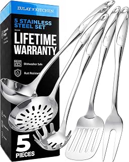 Zulay Kitchen Stainless Steel 5 Piece Cooking Utensil Set | Stainless Steel Kitchen Utensil - Durable Kitchen Gadgets - Metal Kitchen Accessories - Easy to Clean Tools - 5 Piece Set