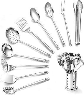 Lazycorner Kitchen Utensils Set, 11pcs Stainless Steel Cooking Utensils Set with Holder &ndash; Includes Turners, Potato Masher, Spatula, Spoons, Pasta Server, Tongs, Soup Ladle, Serving Spoon