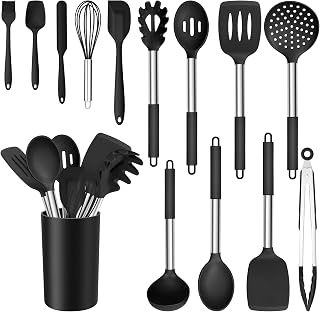 E-far 14-PCS Silicone Cooking Utensils Set, Kitchen Utensils Set w/Holder | Black Spatula, Ladle, Spoon, Tong, Slotted Turner for Nonstick Cookware, Heat Resistant & Stainless Steel Handle