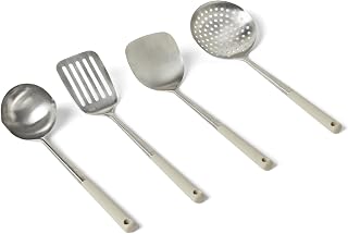 Amazon Basics Stainless Steel Cooking Utensil Set with Ladle, Spatula, Slotted Spatula and Slotted Spoon, 4-Piece Set, Soft Grip Handle, Dishwasher-Safe, Linen Gray