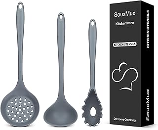 3 Pcs Silicone Kitchen Utensils Set, Soup Ladle-Pasta Fork-Slottede Spoon, Nonstick BPA Free High Heat Resistant Cooking Utensils for Mixing, Serving, Draining, Turning, Stirring