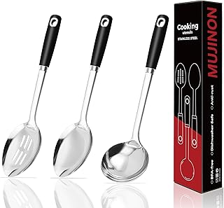 14-in Cooking Spoons Set, Heavy Duty 18/0 Stainless Steel Large Serving Spoons Set, Slotted Spoon, Cooking Spoon & Soup Ladle, Commercial and Residential Use, Pack of 3
