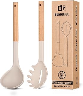BUNDLEPRO Silicone Soup Ladle and Pasta Spoon Set with Wooden Handle | 2 Pack, Khaki, Heat Resistant, BPA-Free Kitchen Utensils for Cooking, Stirring, Serving Spaghetti, Soup & Sauce