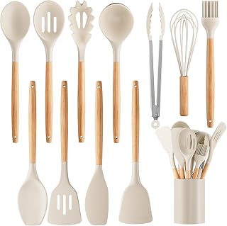 Silicone Cooking Utensil Set,12 PCS Cooking Cookware Kitchen Utensils Set for Cooking, Nonstick 446&deg;F Heat-Resistant Cookware Kitchen Tools of Spoon,Brush,Whisk,Spatula,Turner Tongs (Khaki)