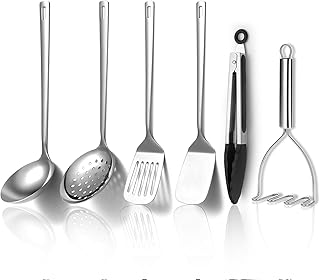 Kyraton Stainless Steel Kitchen Utensils Set 6 Pieces, Cooking Utensil Set Include Metal Spatula Sets, Skimmer, Ladle, Tongs, Potato Masher, Dishwasher Safe