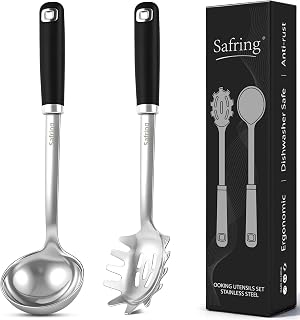 Safring Stainless Steel Soup Ladle and Spaghetti Spoon Set, Heat Resistant Rubber Handle, Dishwasher Safe, Kitchen Utensils for Cooking, Stirring, Serving Pasta, Soup & Sauce